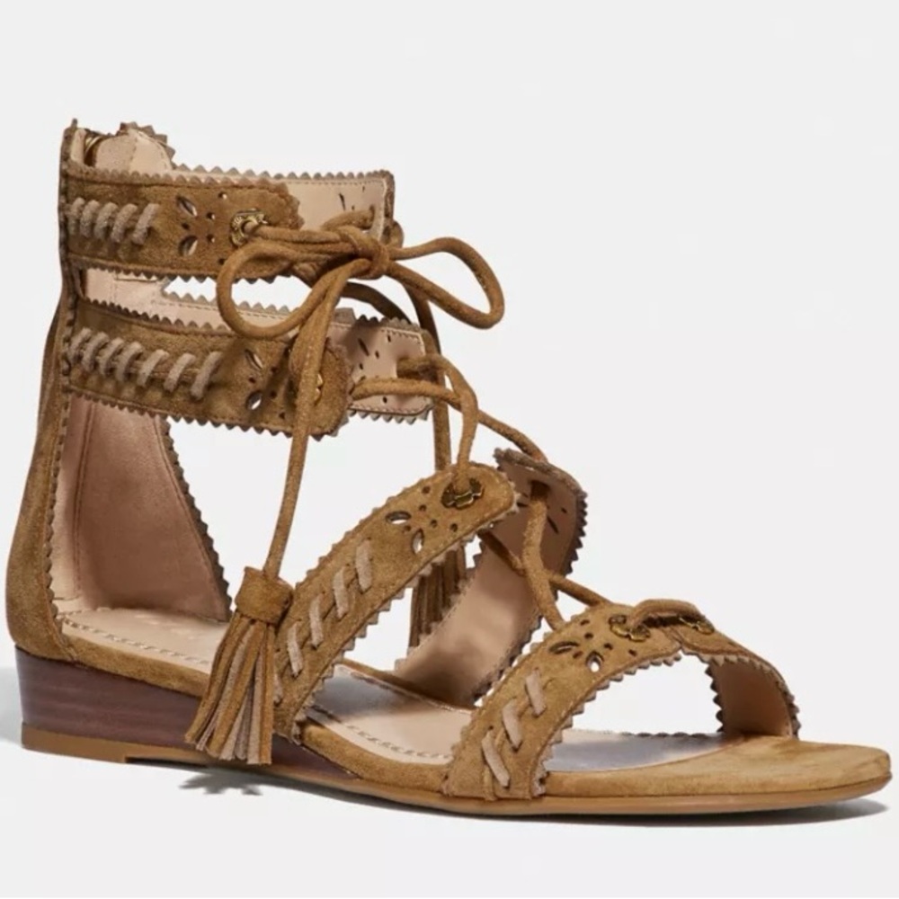 Coach pair of tan sandal straps wedge style lace up Sz 10 B